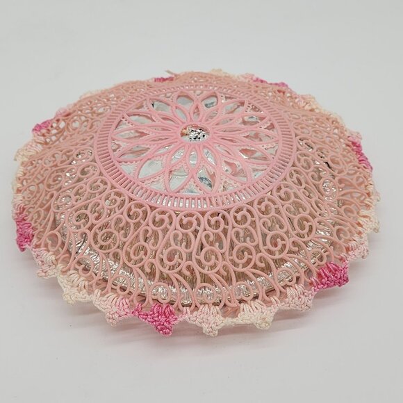 Handmade Kitschy Wall Hanging Crochet Flower Aluminum Bowl Pink Plastic Doily VT - Picture 6 of 8